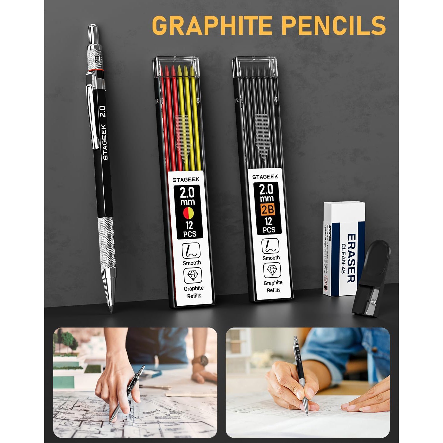 STAGEEK 14 Pack Carpenter Pencil Set with Sharpener | Construction Pencil Set with Deep Hole Long-Nib Markers , Woodworking Tool & Carpenter Pencils for Architect, DIY with Case