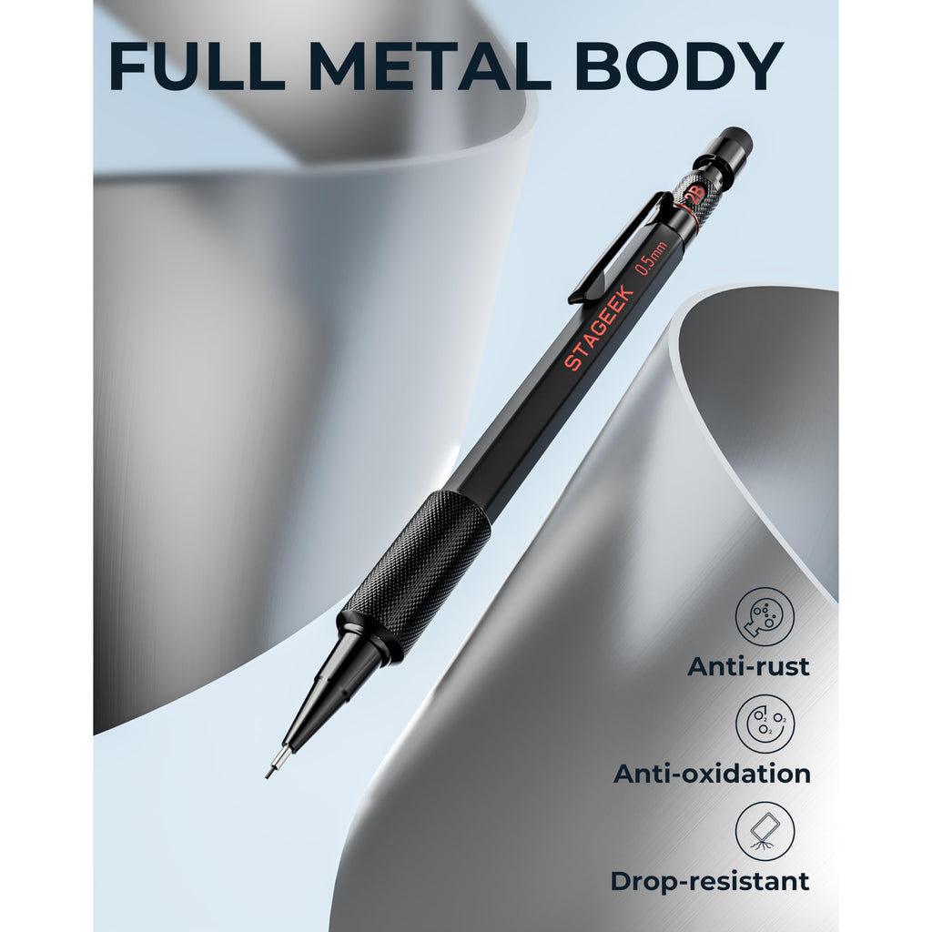 STAGEEK 0.5mm Mechanical Pencil Set, 3PCS Metal Mechanical Pencils 0.5mm with 6 Tubes HB & 2B Lead Refills, Erasers, Weatherproof Artist Pencils with Case for Outdoor Writing Drafting Drawing