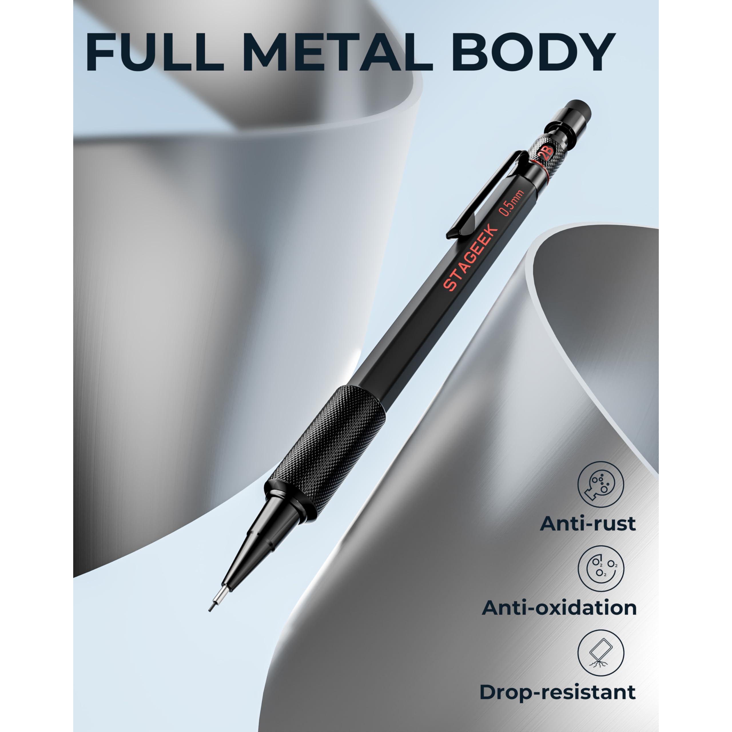 STAGEEK 0.5mm Mechanical Pencil Set, 3PCS Metal Mechanical Pencils 0.5mm with 6 Tubes HB & 2B Lead Refills, Erasers, Weatherproof Artist Pencils with Case for Outdoor Writing Drafting Drawing