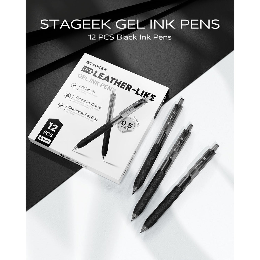 STAGEEK 0.5mm Gel Pens Fine Point Smooth Writing, 12PCS Black Ink Pens, Retractable Leather-Like Black, Business Gel Pen for Journaling, Writing, School, Office Use (Black)