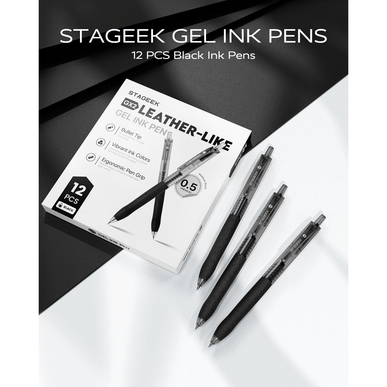 STAGEEK 0.5mm Gel Pens Fine Point Smooth Writing, 12PCS Black Ink Pens, Retractable Leather-Like Black, Business Gel Pen for Journaling, Writing, School, Office Use (Black)