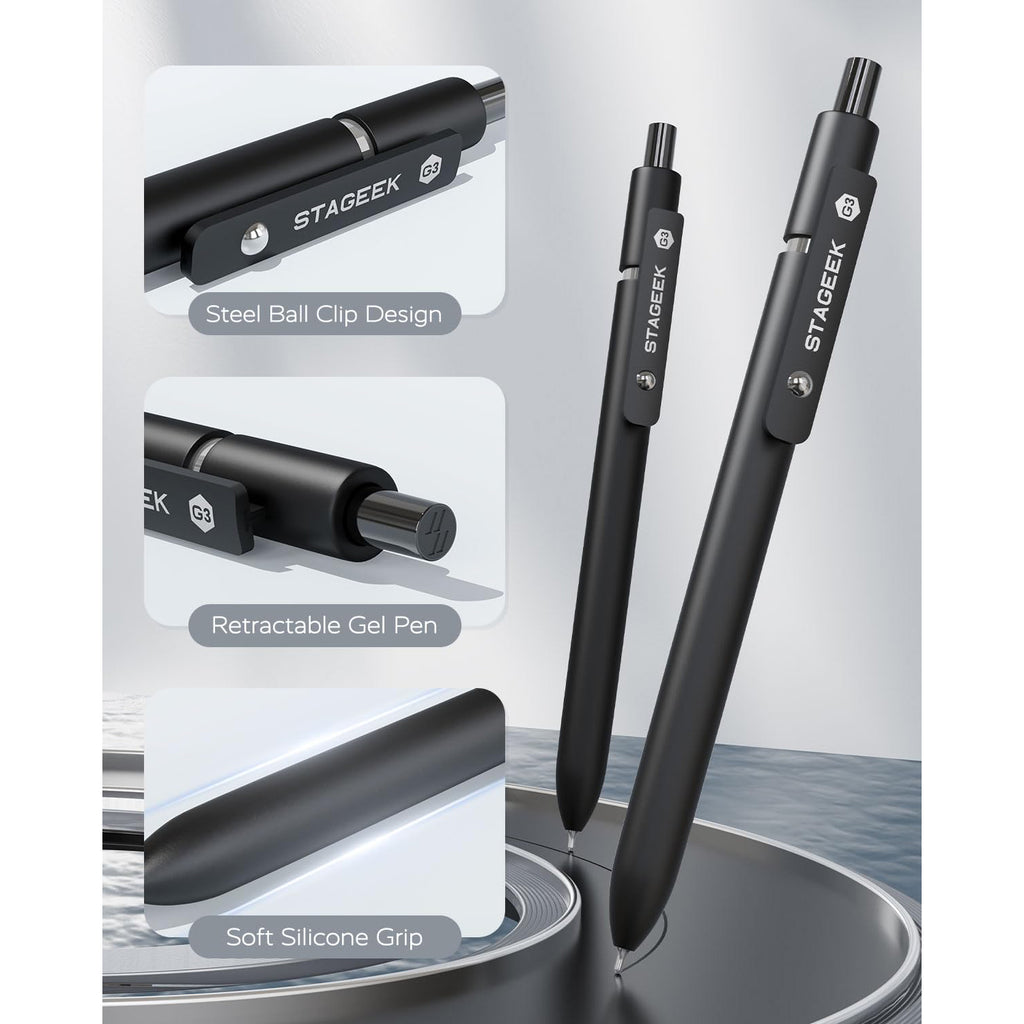 STAGEEK Black Gel Pens GX3, 12Pcs Fine Point Smooth Writing Pens with 3 Extra Refills, Quick Dry Black Ink Pens for Journaling, Office, Note Taking, School Supplies, Nurse Aesthetic(Black)