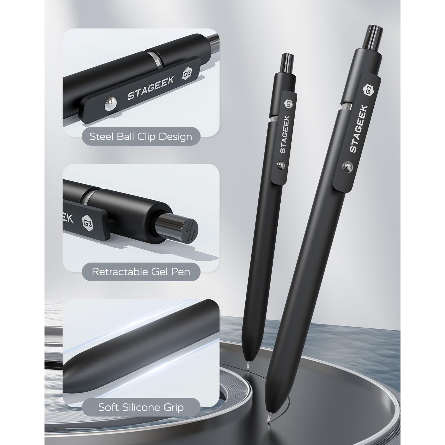 STAGEEK Black Gel Pens GX3, 12Pcs Fine Point Smooth Writing Pens with 3 Extra Refills, Quick Dry Black Ink Pens for Journaling, Office, Note Taking, School Supplies, Nurse Aesthetic(Black)
