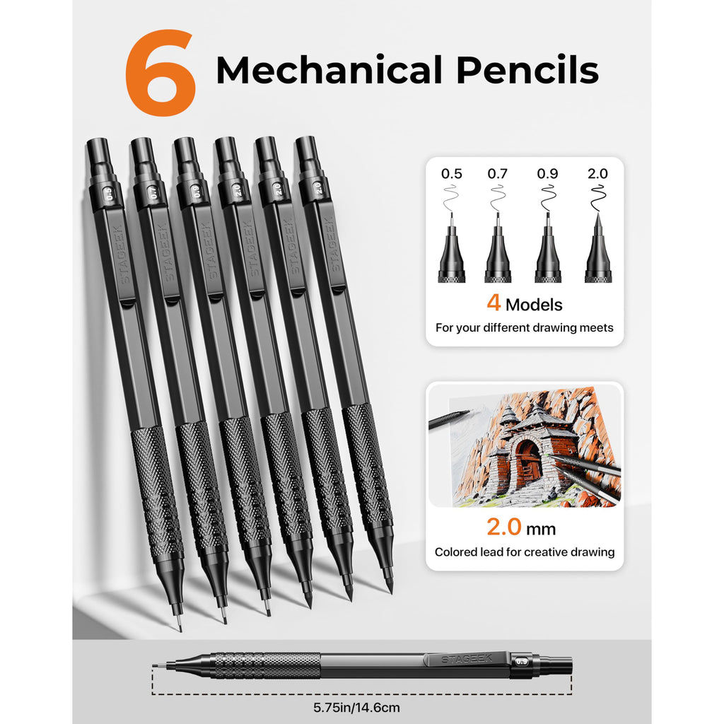 30PCS Black/Silver Metal Mechanical Pencil Set in Leather Case, 0.5/0.7/0.9/2.0mm Art Drafting Pencils with 16 Tubes Graphite Leads (6B 4B 2B HB 2H 4H) & Colored Refills for Sketching, Drawing, Writing