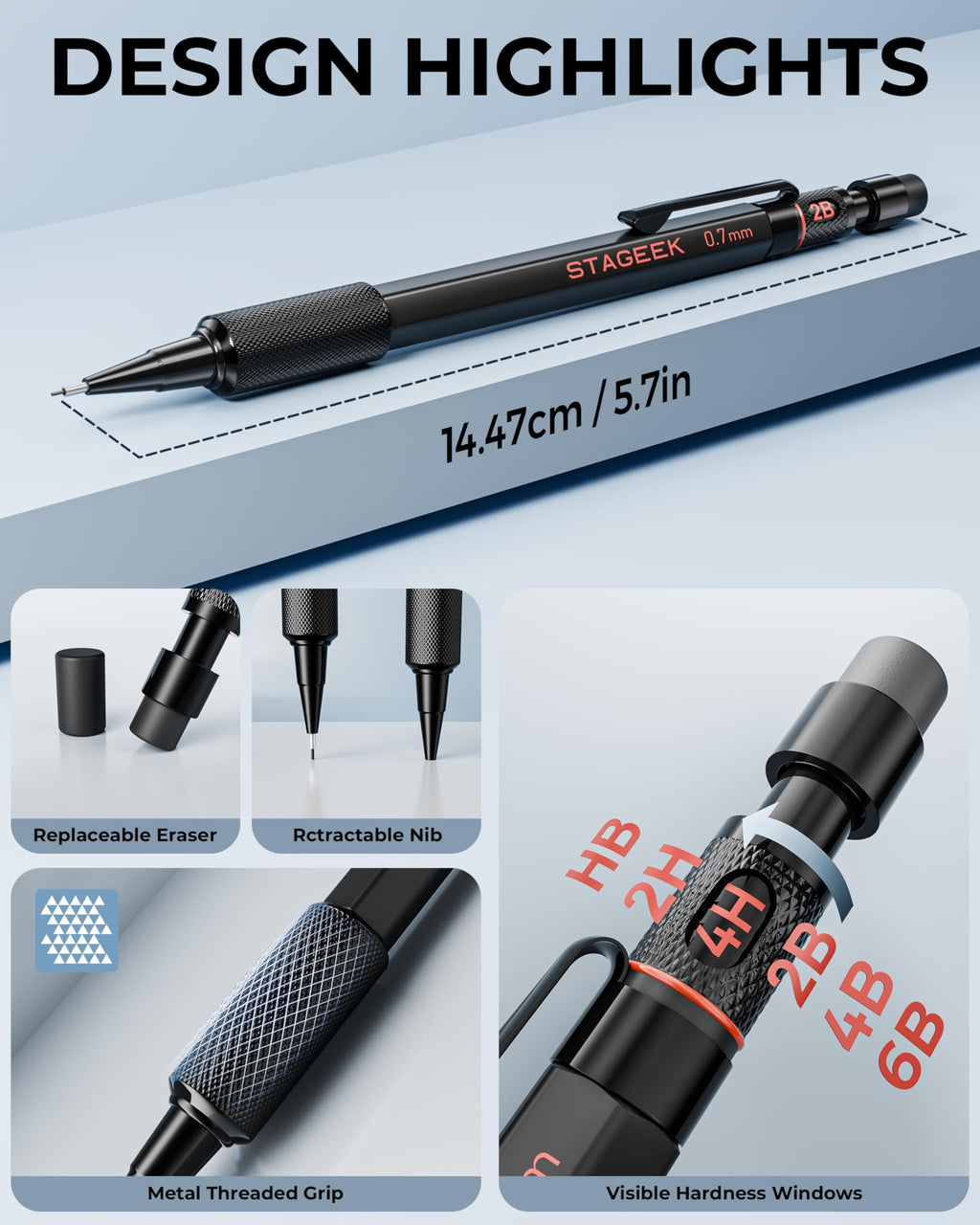 STAGEEK 0.9mm Mechanical Pencil Set, 3PCS Metal Mechanical Pencils with 6 Tubes HB & 2B Lead Refills,Erasers, Weatherproof Artist Pencils with Case for Outdoor Writing Drafting Drawing