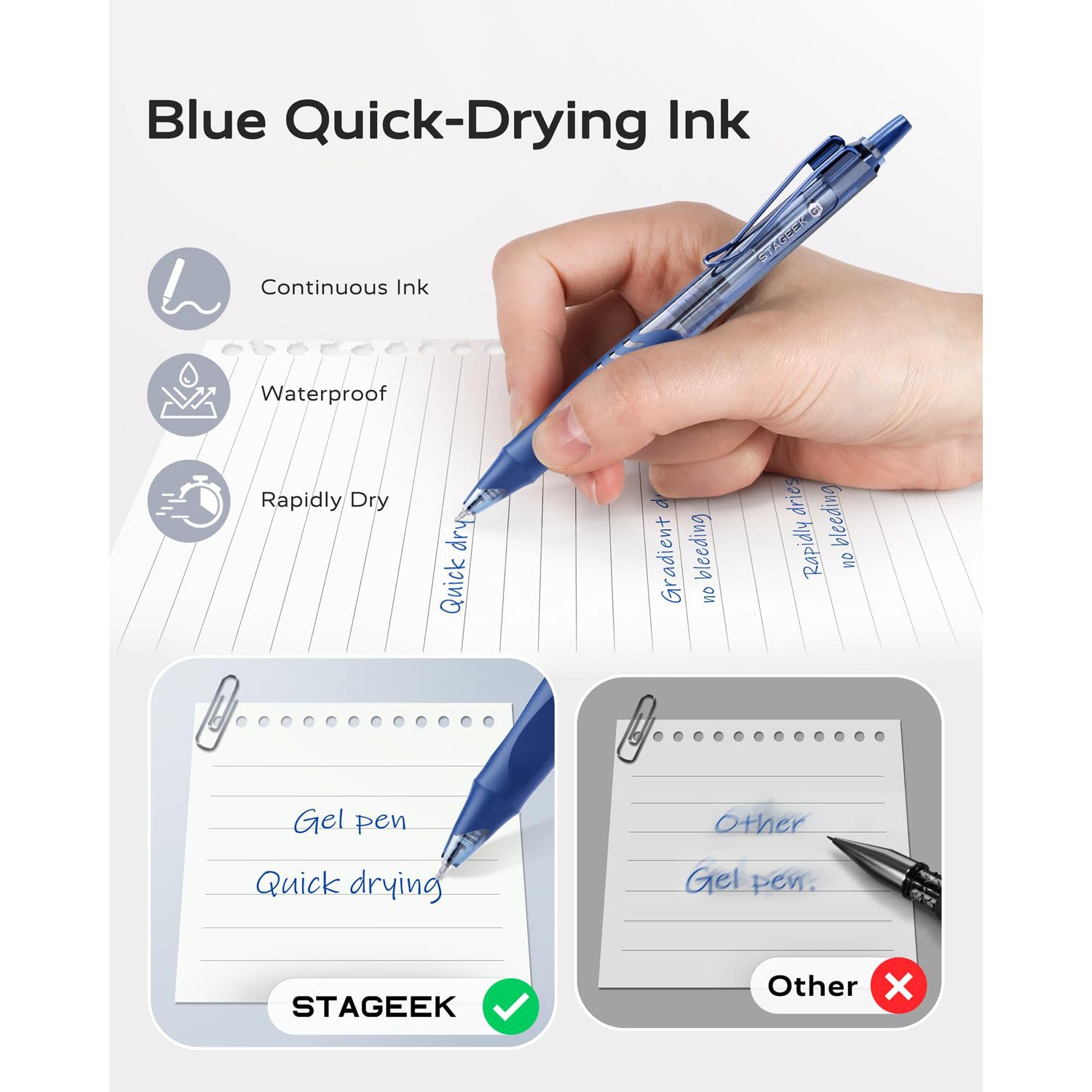 STAGEEK 12 Pack Blue Gel Pens, Quick Dry Blue Ink Pen, 0.5mm Fine Point Retractable Smooth Writing Pens For Journaling, Writing, Business Gel Pen For Office & Home Supplies