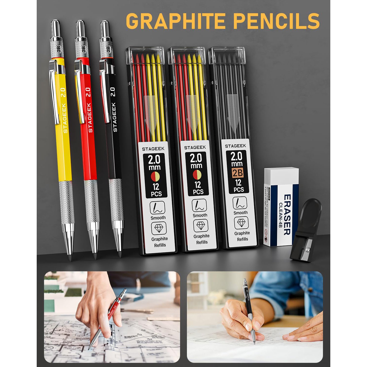 STAGEEK 22 Pack Mechanical Carpenter Pencil Set with Sharpener 60 Refills, Automatic Center Punch, Carbide Scribe Tool, Eraser and Deep Hole Marker Pen