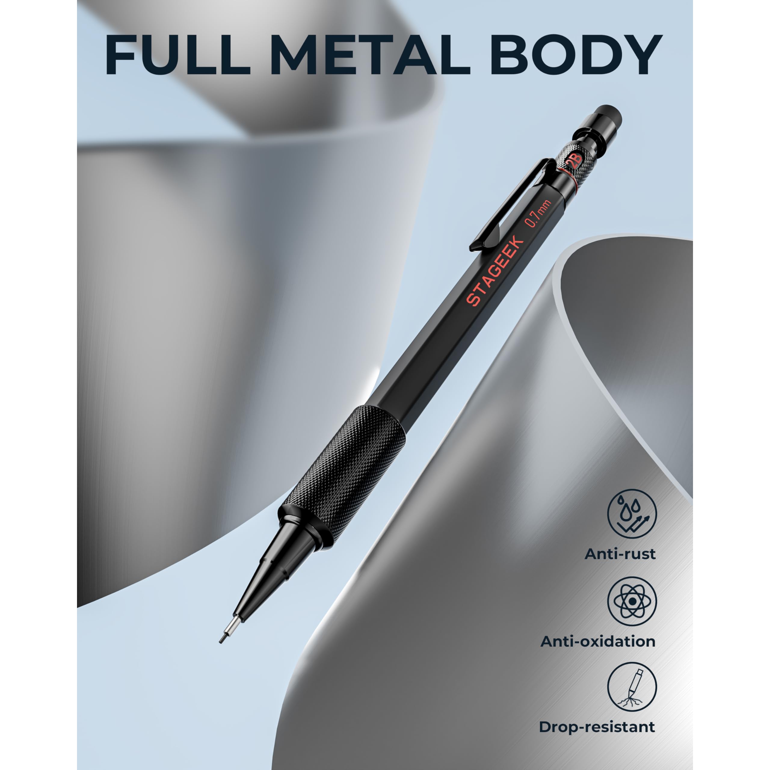 STAGEEK 0.7mm Mechanical Pencil Set, 3PCS Metal Mechanical Pencils 0.7mm with 6 Tubes HB & 2B Lead Refills,Erasers, Weatherproof Artist Pencils with Case for Outdoor Writing Drafting Drawing