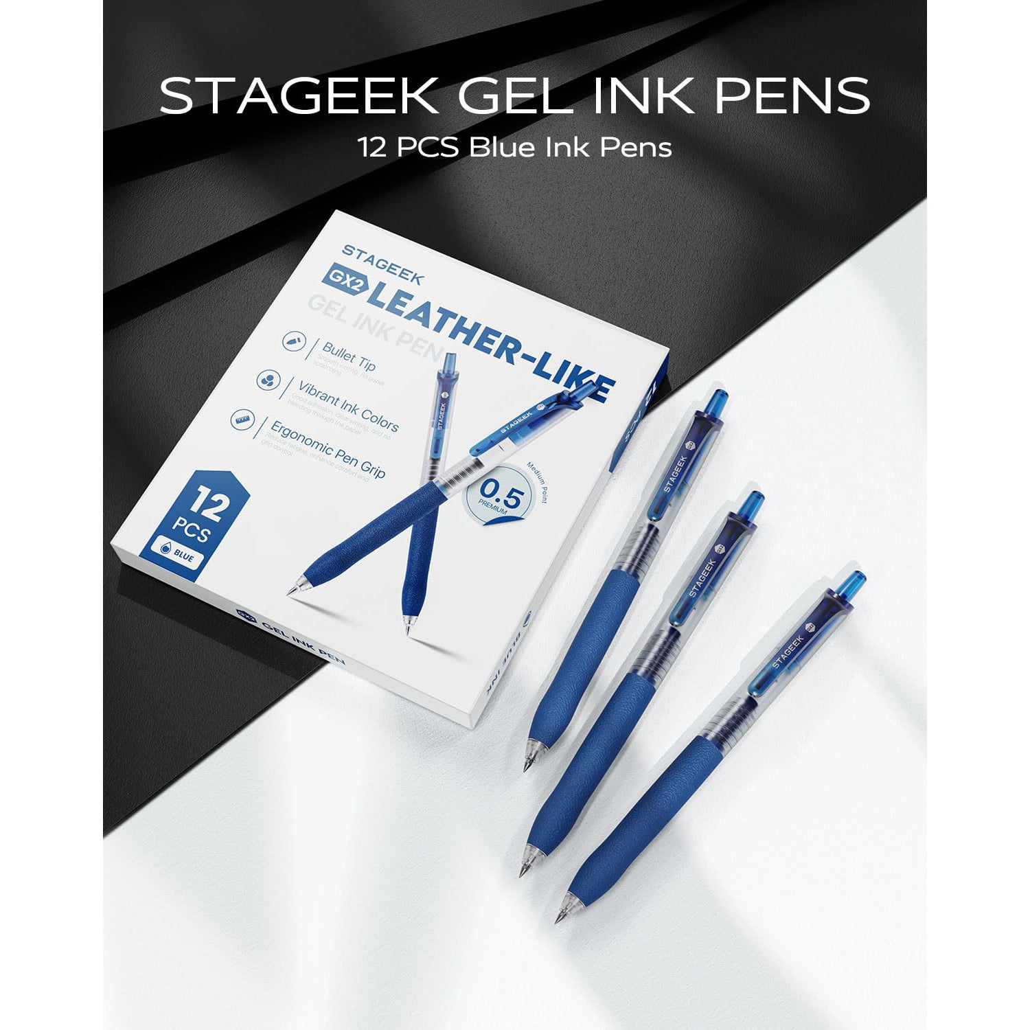 STAGEEK 0.5mm Gel Pens Fine Point Smooth Writing, 12PCS Blue Ink Pens, Retractable Leather-Like Blue, Business Gel Pen for Journaling, Writing, School, Office Use (Blue)