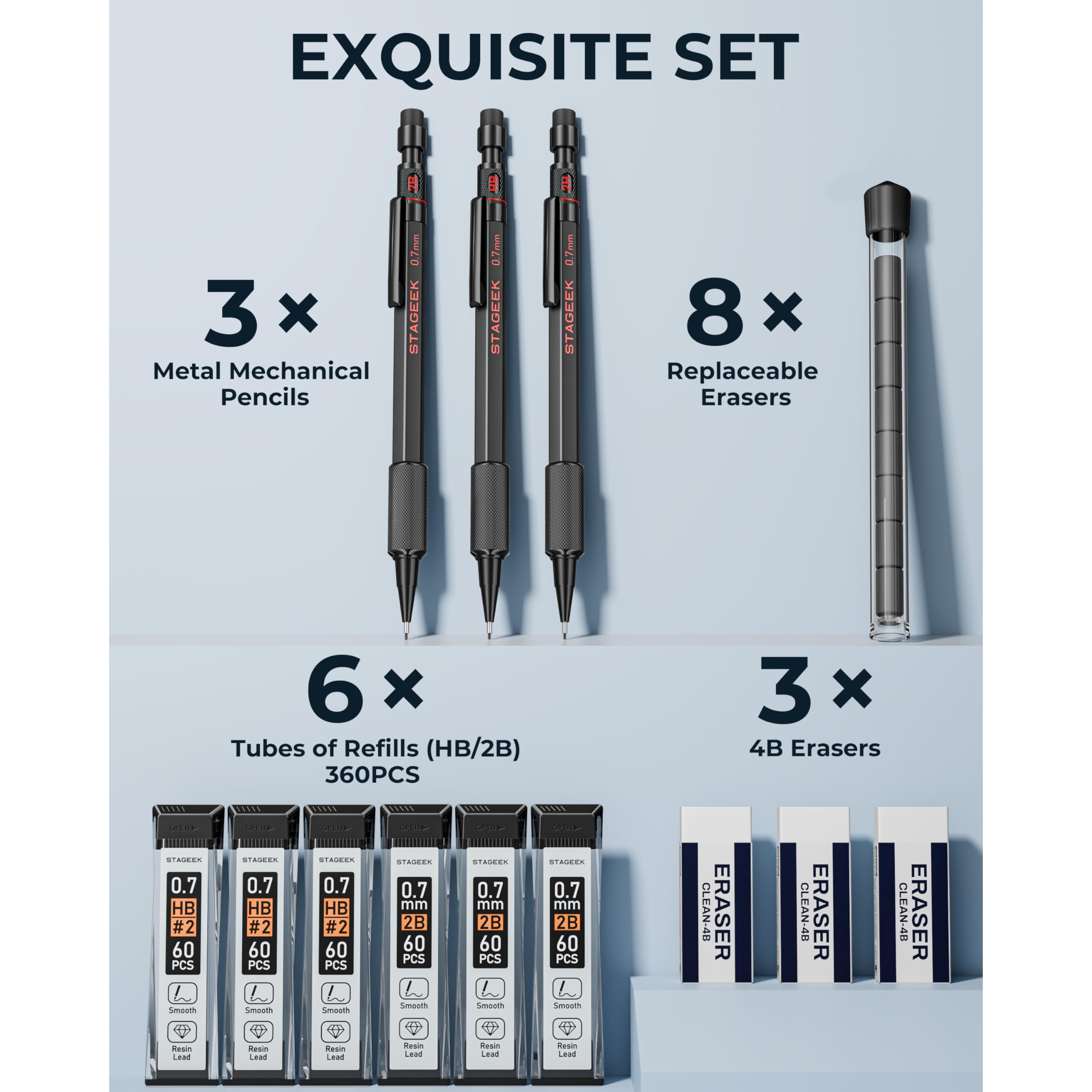 STAGEEK 0.7mm Mechanical Pencil Set, 3PCS Metal Mechanical Pencils 0.7mm with 6 Tubes HB & 2B Lead Refills,Erasers, Weatherproof Artist Pencils with Case for Outdoor Writing Drafting Drawing