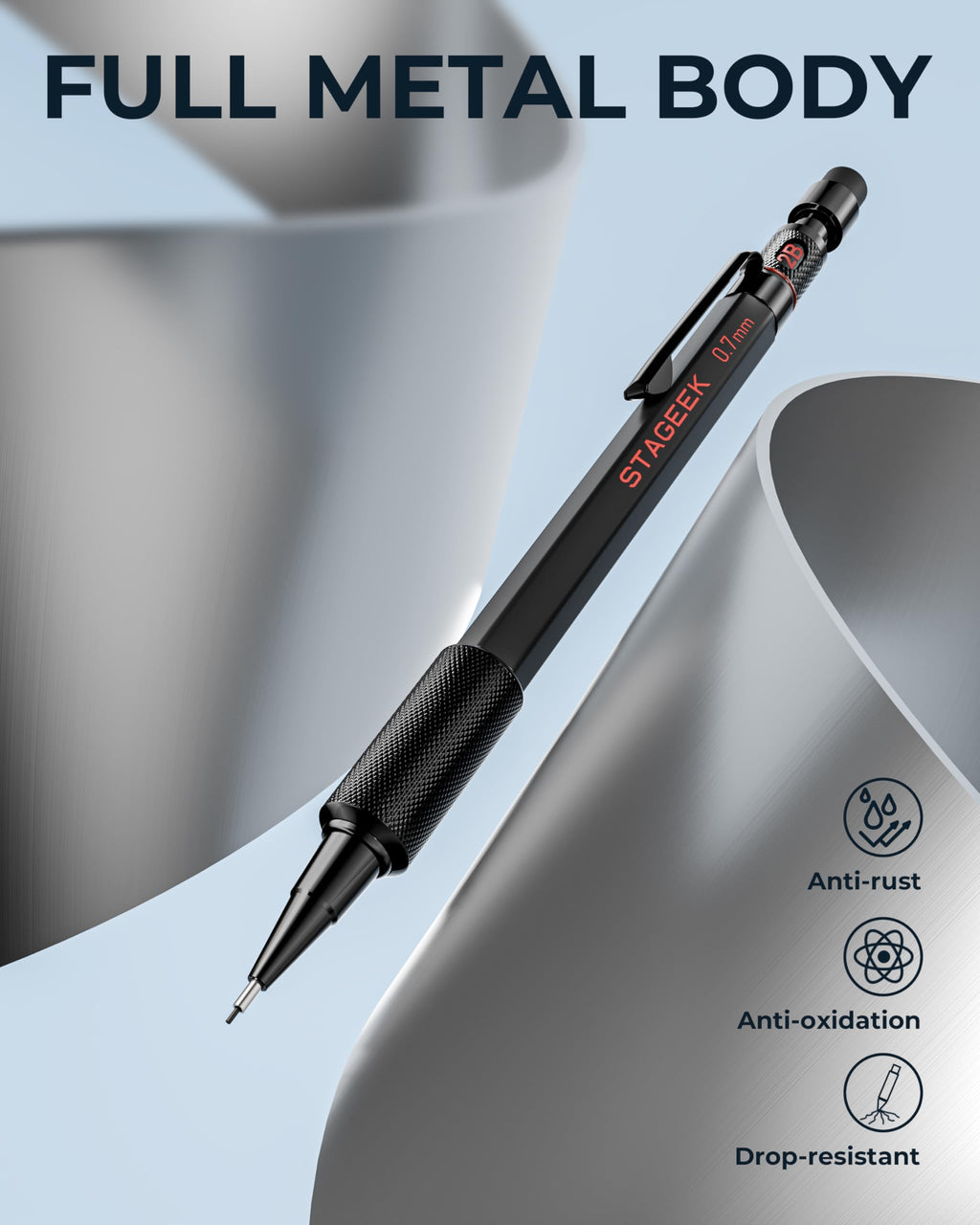 STAGEEK 0.9mm Mechanical Pencil Set, 3PCS Metal Mechanical Pencils with 6 Tubes HB & 2B Lead Refills,Erasers, Weatherproof Artist Pencils with Case for Outdoor Writing Drafting Drawing