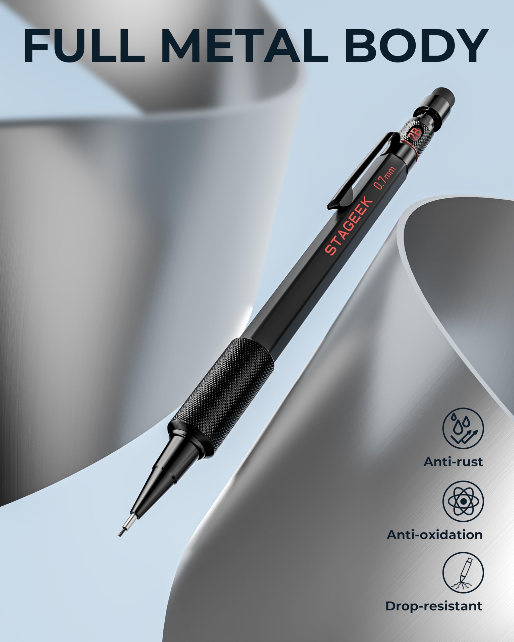 STAGEEK 0.9mm Mechanical Pencil Set, 3PCS Metal Mechanical Pencils with 6 Tubes HB & 2B Lead Refills,Erasers, Weatherproof Artist Pencils with Case for Outdoor Writing Drafting Drawing