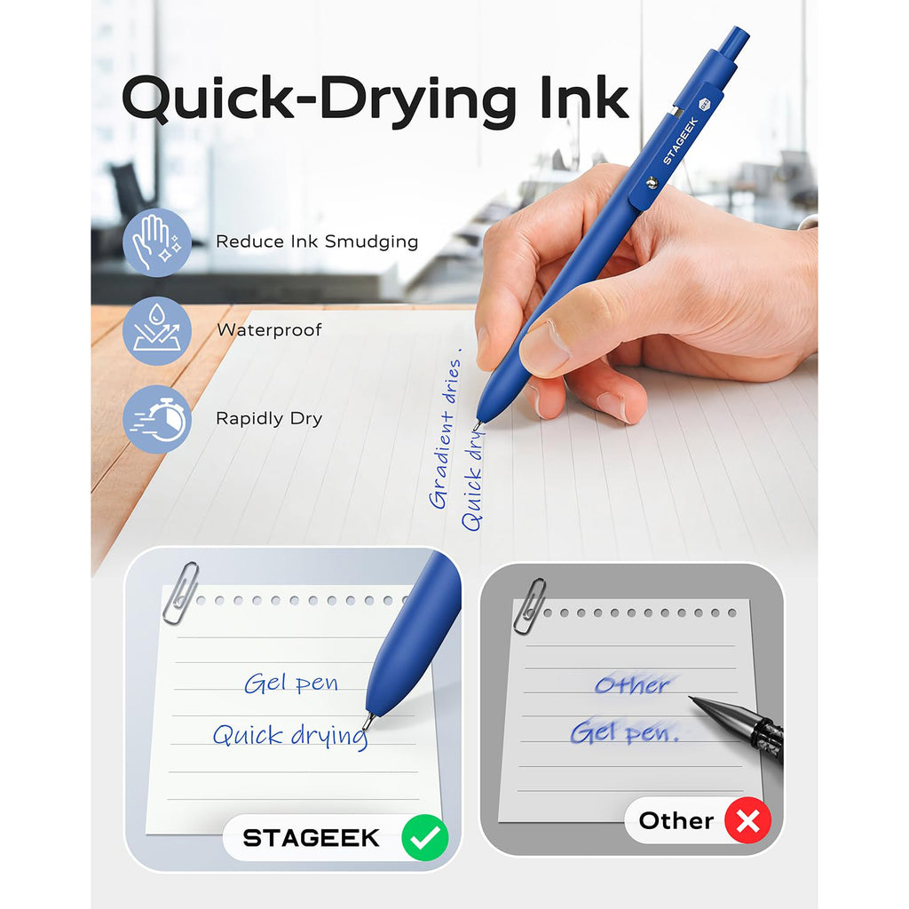 STAGEEK Blue Gel Pens GX3, 12Pcs Quick Dry Blue Ink Pens with 3 Extra Refills, Fine Point Retractable Smooth Writing Pens for Journaling, Office, Note Taking, Nurse Aesthetic