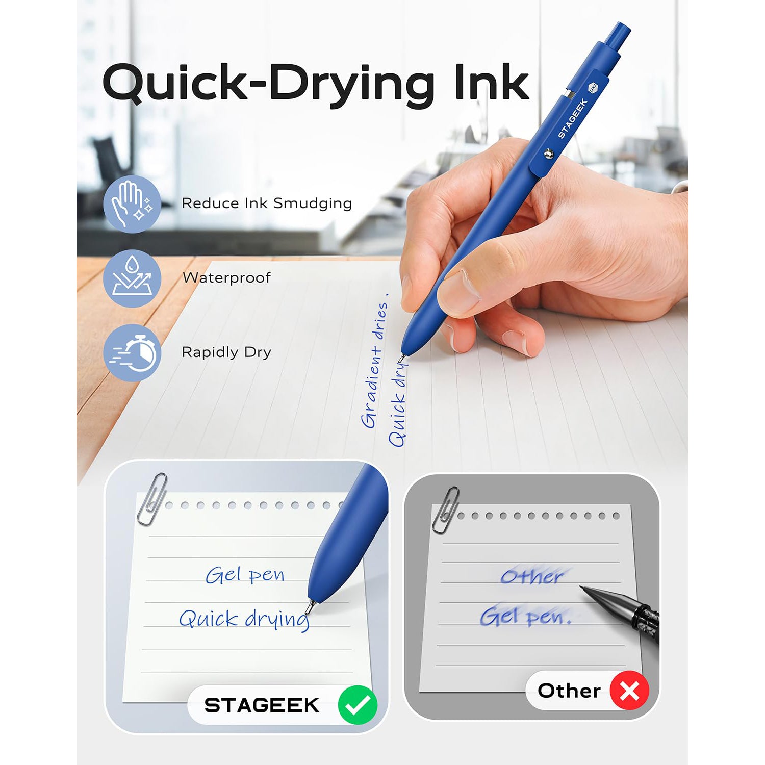 STAGEEK Blue Gel Pens GX3, 12Pcs Quick Dry Blue Ink Pens with 3 Extra Refills, Fine Point Retractable Smooth Writing Pens for Journaling, Office, Note Taking, Nurse Aesthetic
