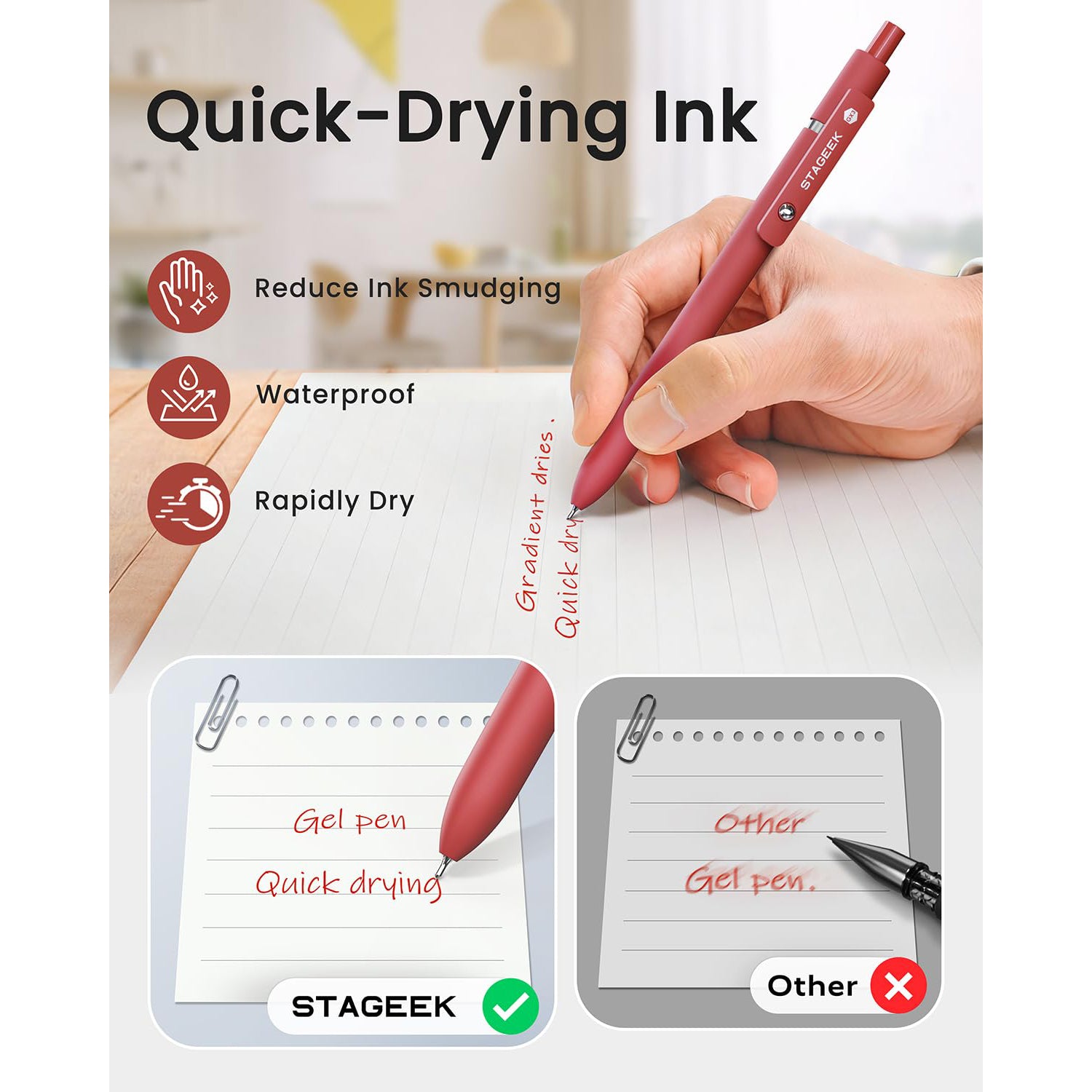 STAGEEK Red Gel Pens GX3, 6Pcs Quick Dry Red Ink Pens with 3 Extra Refills, Fine Point Retractable Smooth Writing Pens for Journaling, Note Taking, School Supplies, Nurse Aesthetic, Office(Red)