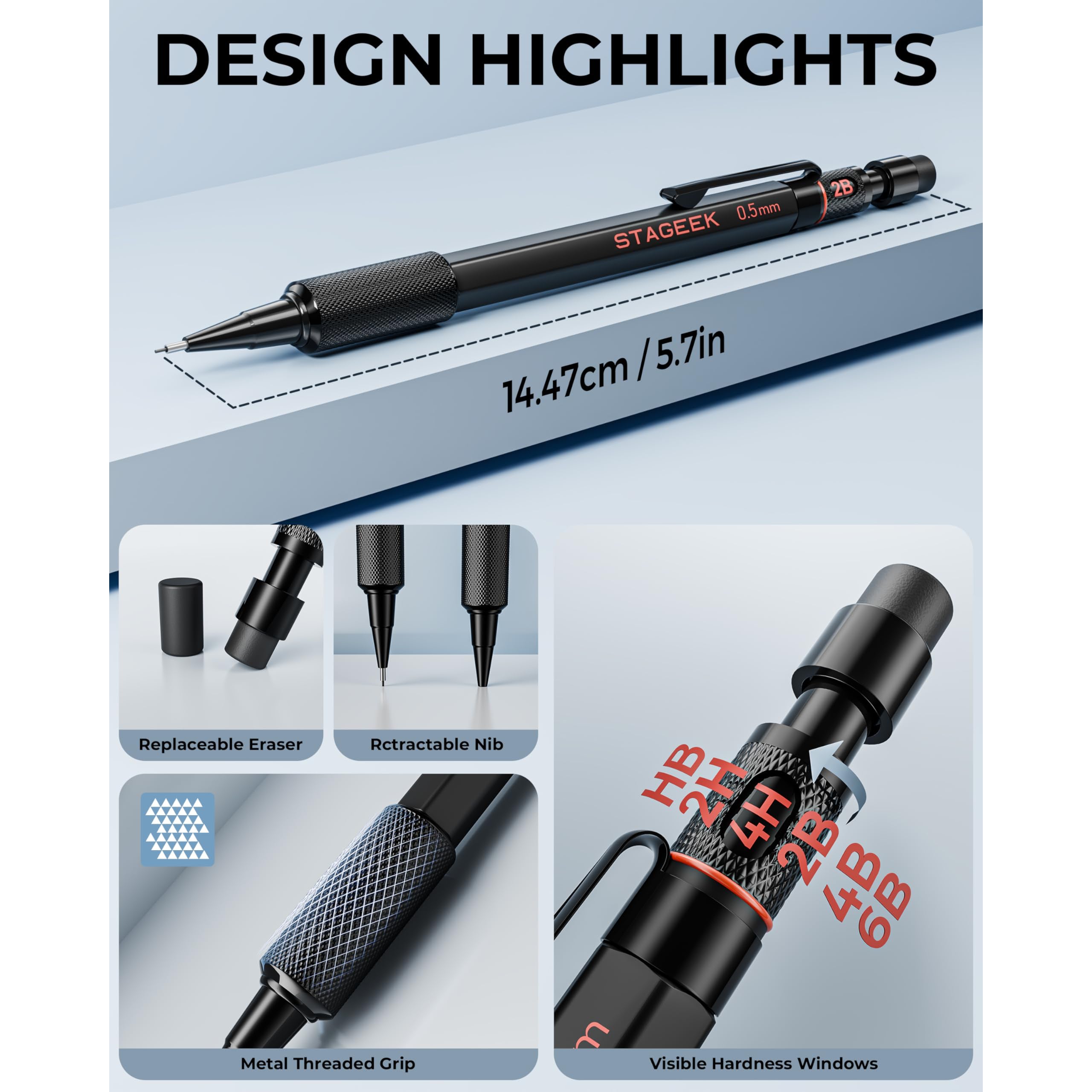 STAGEEK 0.5mm Mechanical Pencil Set, 3PCS Metal Mechanical Pencils 0.5mm with 6 Tubes HB & 2B Lead Refills, Erasers, Weatherproof Artist Pencils with Case for Outdoor Writing Drafting Drawing