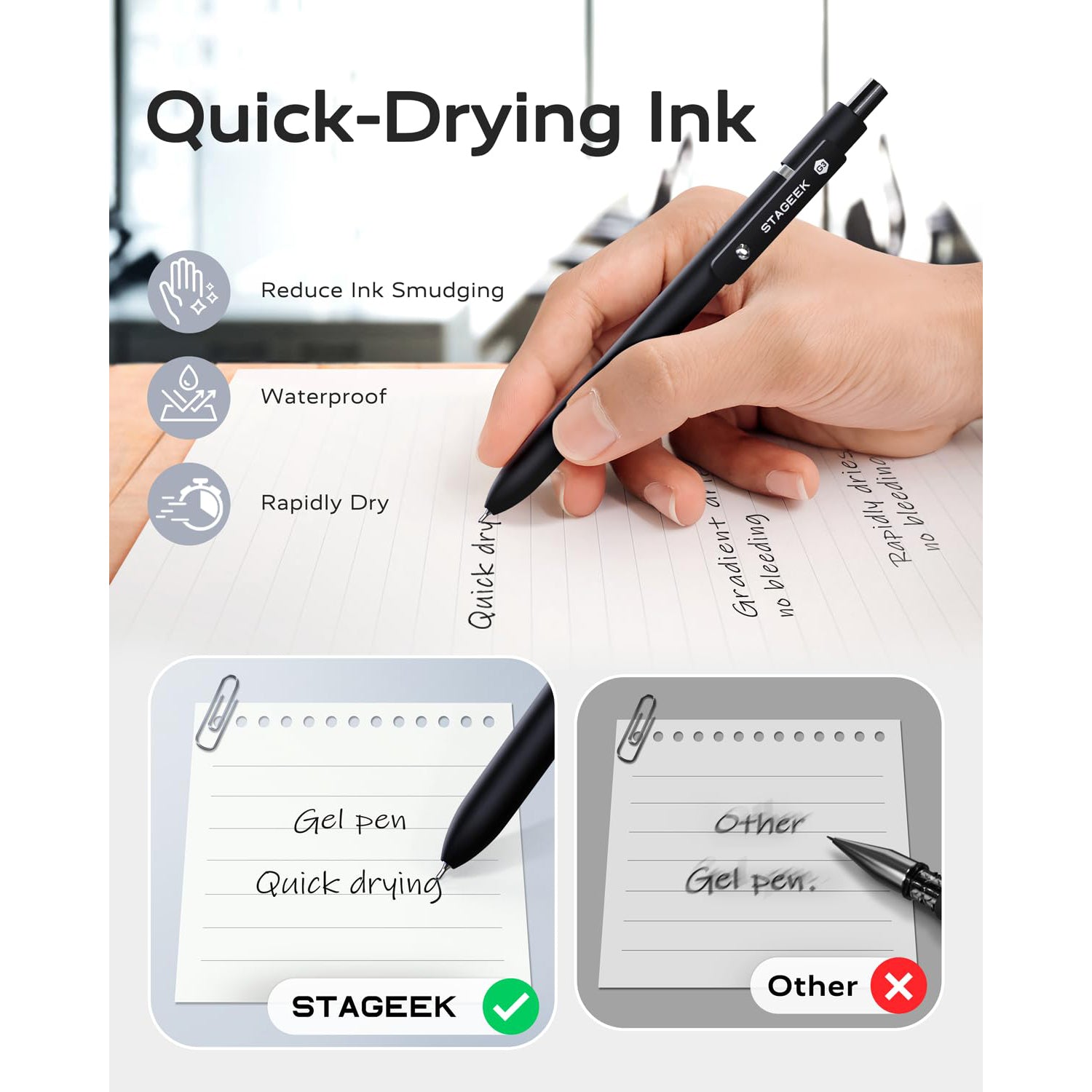 STAGEEK Black Gel Pens GX3, 12Pcs Fine Point Smooth Writing Pens with 3 Extra Refills, Quick Dry Black Ink Pens for Journaling, Office, Note Taking, School Supplies, Nurse Aesthetic(Black)