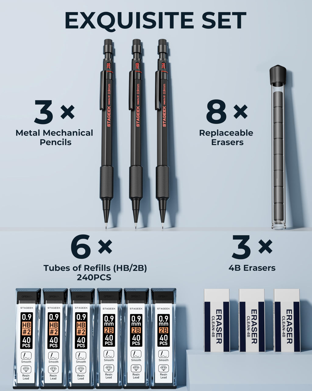 STAGEEK 0.9mm Mechanical Pencil Set, 3PCS Metal Mechanical Pencils with 6 Tubes HB & 2B Lead Refills,Erasers, Weatherproof Artist Pencils with Case for Outdoor Writing Drafting Drawing