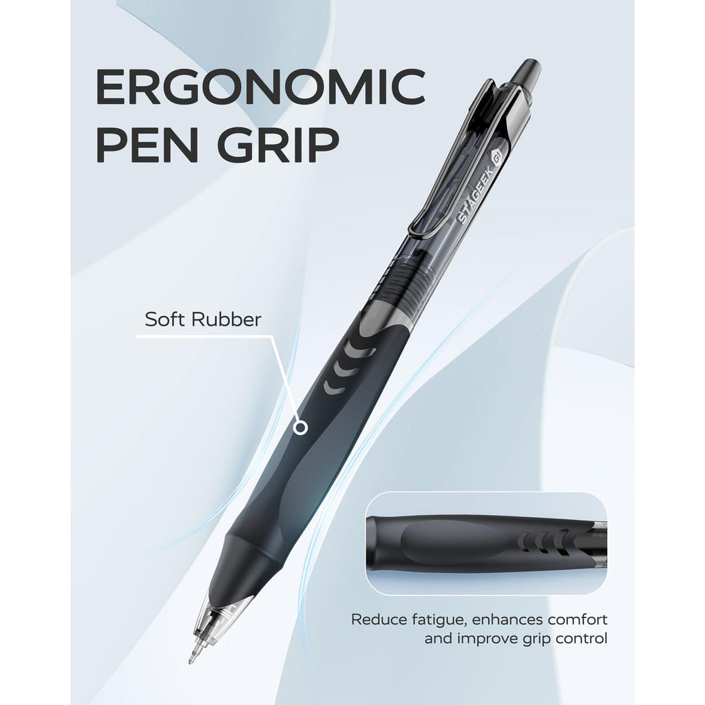 STAGEEK - Pack of 12 Black Gel Pens, Quick-Drying Black Ink Pens, 0.5mm Fine Point, Retractable Smooth-Writing Pens for Journaling and Writing