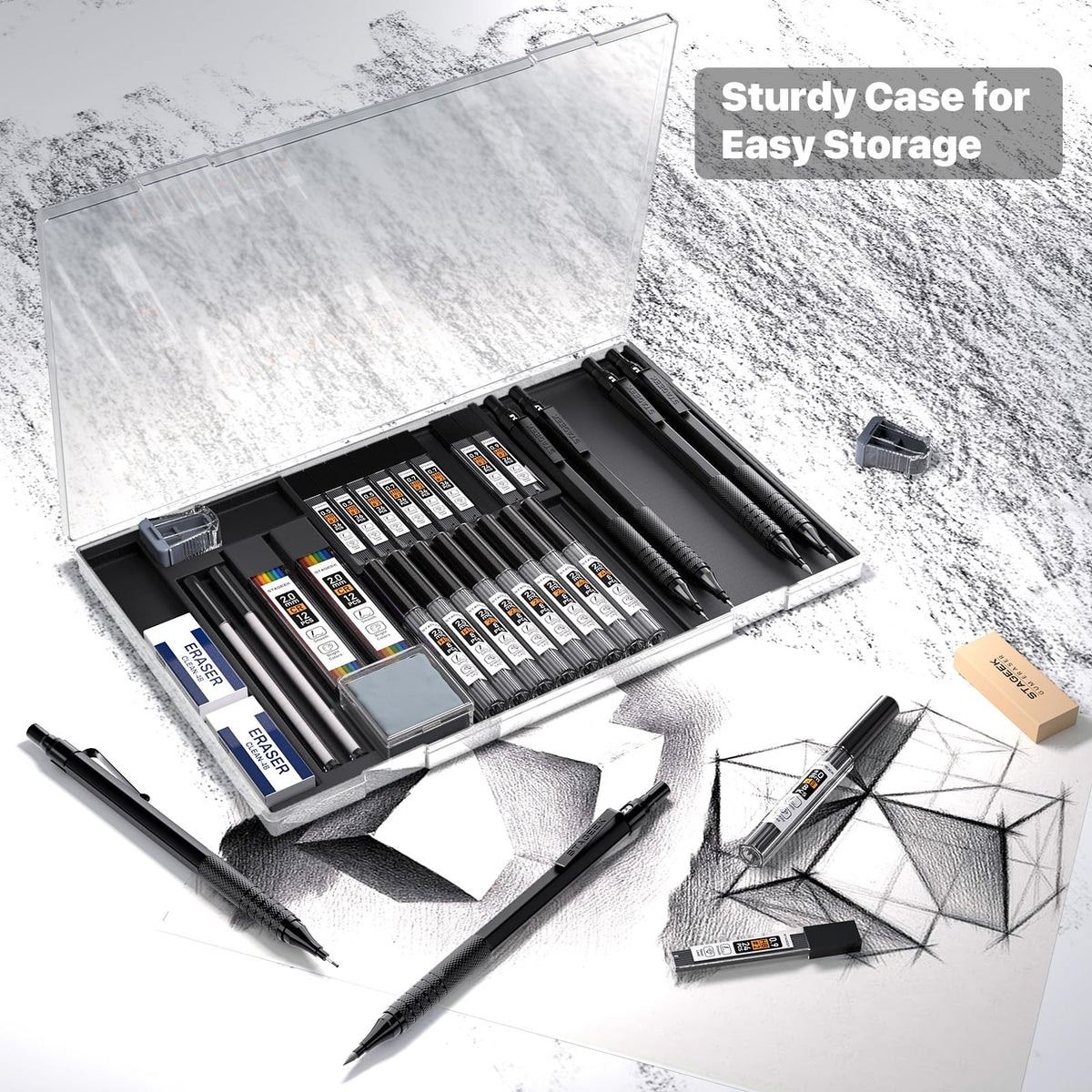 STAGEEK 35Pcs Art Mechanical Pencil Set with Case, 0.5 0.7 0.9 2.0 Graphite Metal Drawing Drafting Pencils, Sharpener Erasers 384PCS Lead Refills (6B 4B 2B HB 2H 4H Colors) ,Silver/Black