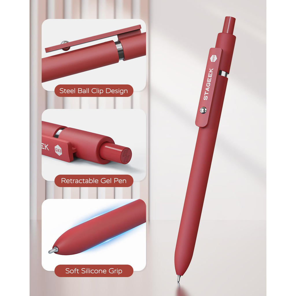 STAGEEK Red Gel Pens GX3, 6Pcs Quick Dry Red Ink Pens with 3 Extra Refills, Fine Point Retractable Smooth Writing Pens for Journaling, Note Taking, School Supplies, Nurse Aesthetic, Office(Red)
