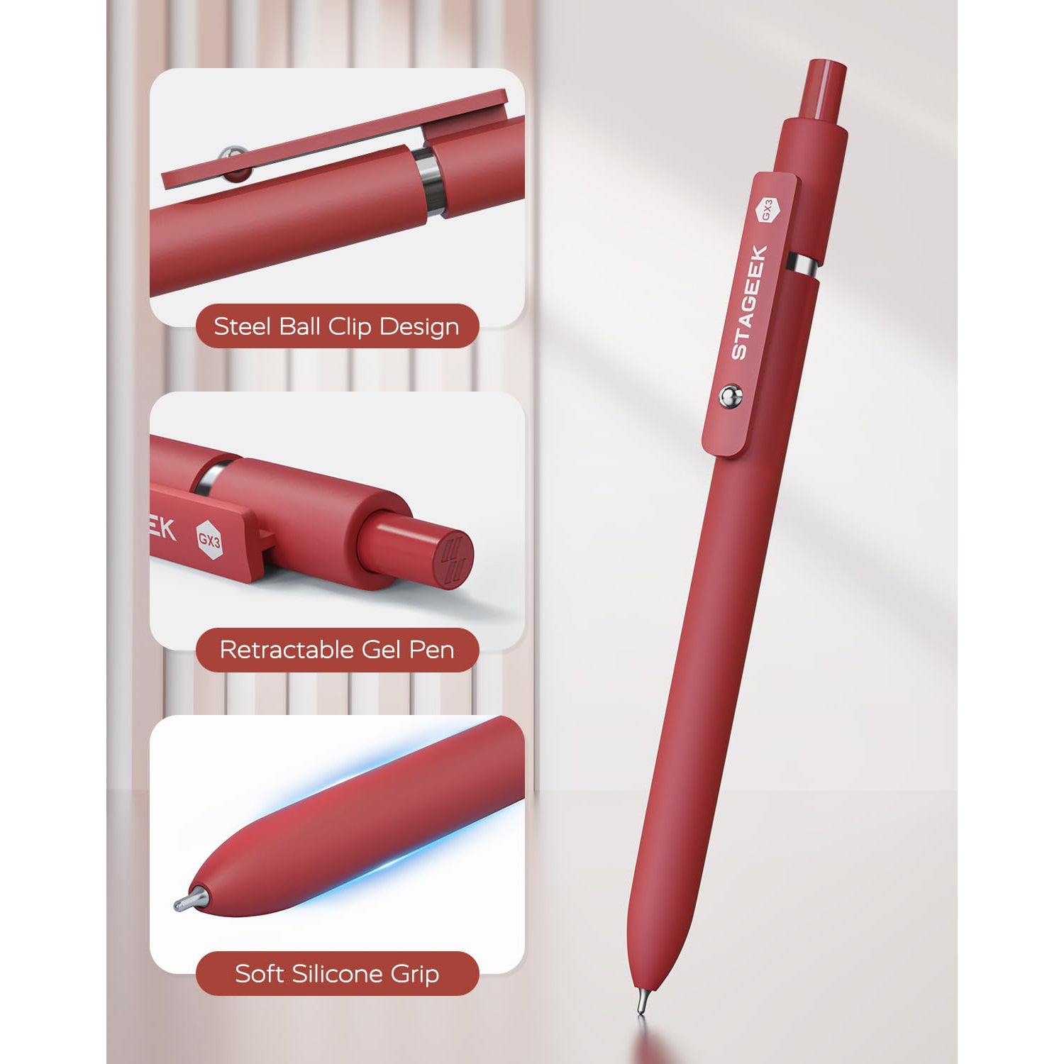 STAGEEK Red Gel Pens GX3, 6Pcs Quick Dry Red Ink Pens with 3 Extra Refills, Fine Point Retractable Smooth Writing Pens for Journaling, Note Taking, School Supplies, Nurse Aesthetic, Office(Red)