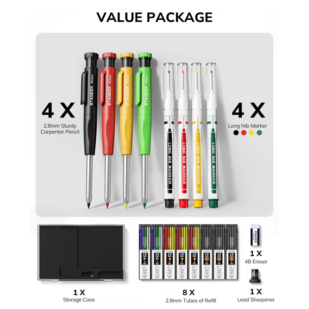 STAGEEK 4 Pack Carpenter Pencil with Sharpener, Mechanical Pencils Set, Heavy Duty Construction Pencil, Carpenter Tools for Architect Marking