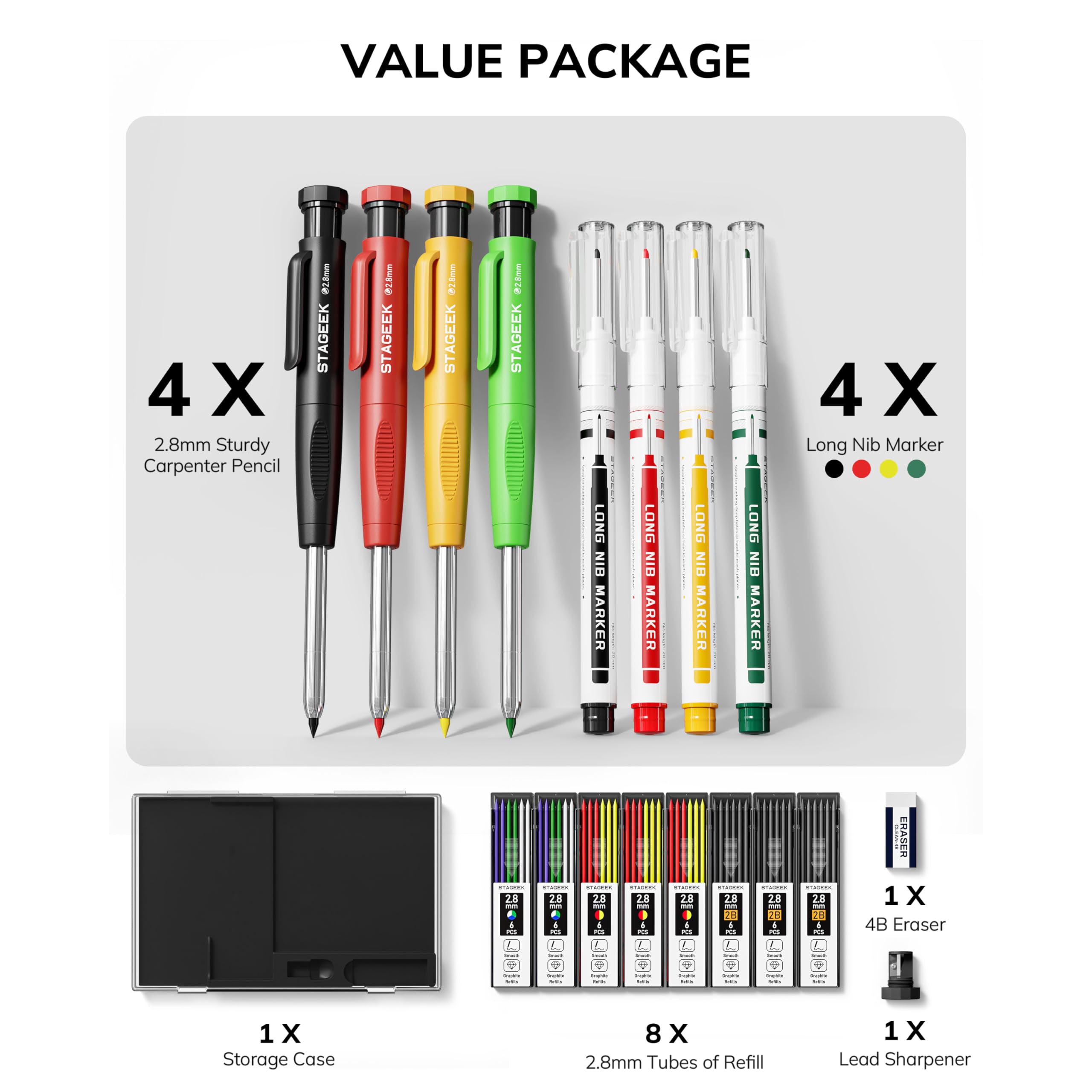 STAGEEK 4 Pack Carpenter Pencil with Sharpener, Mechanical Pencils Set, Heavy Duty Construction Pencil, Carpenter Tools for Architect Marking