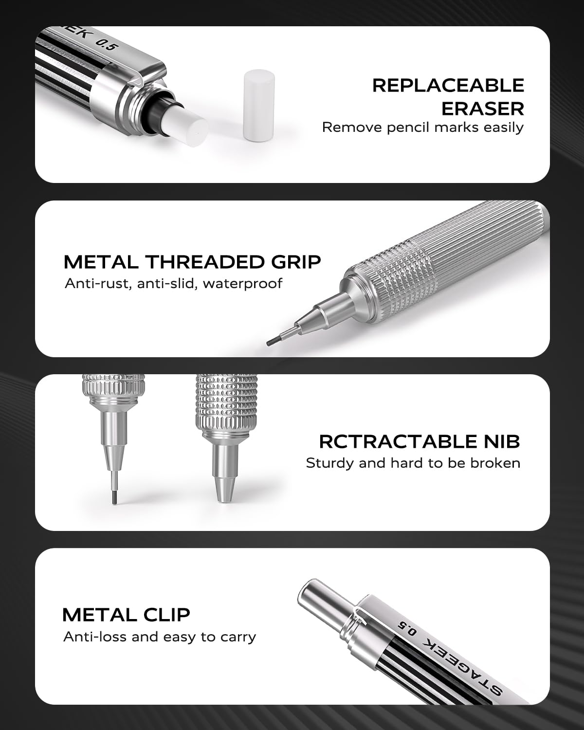 STAGEEK 0.5mm Mechanical Pencil with Metal Gift Case, 1PCs Metal Mechanical Pencil with 120PCS HB Lead Refills,4B Erasers and 9PCS Eraser Refills, for Writing Drafting Drawing and Sketching(Silver)