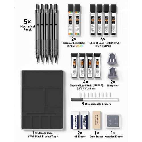 STAGEEK 21PCS Metal Mechanical Pencil Set, Art Lead Pencil 0.3, 0.5, 0.7, 0.9, 2mm Holder(HB 2H 2B 4B Color) with 10 Tubes Graphite Lead Refills Eraser with Case for Drafting Drawing Sketching