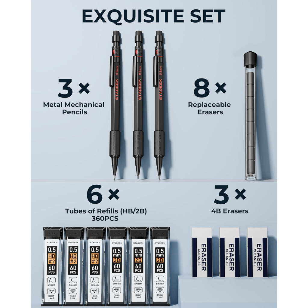 STAGEEK 0.5mm Mechanical Pencil Set, 3PCS Metal Mechanical Pencils 0.5mm with 6 Tubes HB & 2B Lead Refills, Erasers, Weatherproof Artist Pencils with Case for Outdoor Writing Drafting Drawing