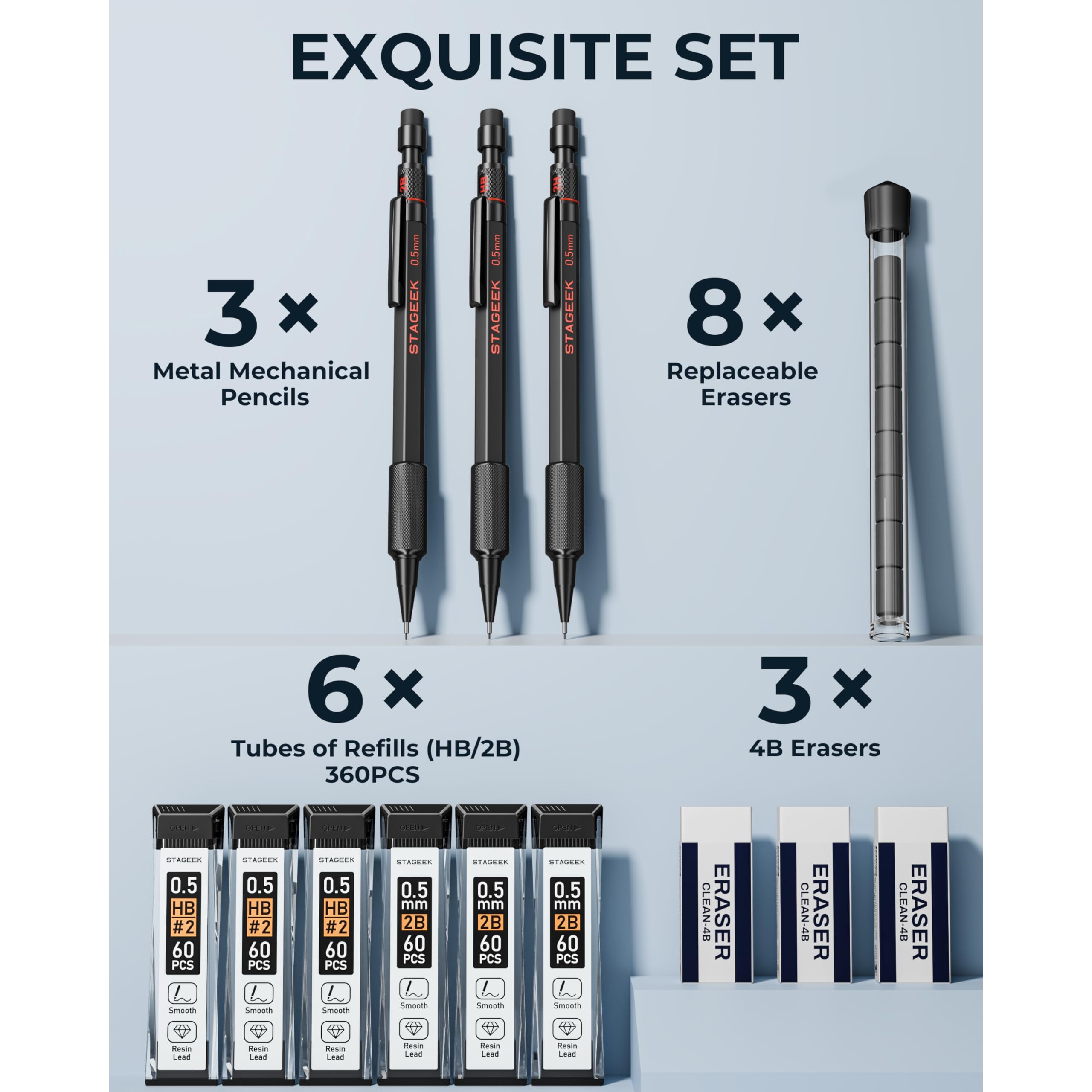 STAGEEK 0.5mm Mechanical Pencil Set, 3PCS Metal Mechanical Pencils 0.5mm with 6 Tubes HB & 2B Lead Refills, Erasers, Weatherproof Artist Pencils with Case for Outdoor Writing Drafting Drawing