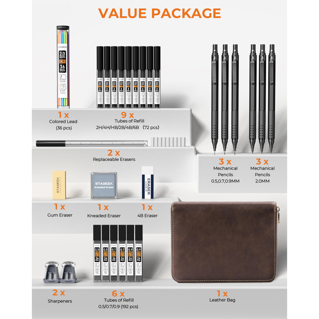 30PCS Black/Silver Metal Mechanical Pencil Set in Leather Case, 0.5/0.7/0.9/2.0mm Art Drafting Pencils with 16 Tubes Graphite Leads (6B 4B 2B HB 2H 4H) & Colored Refills for Sketching, Drawing, Writing