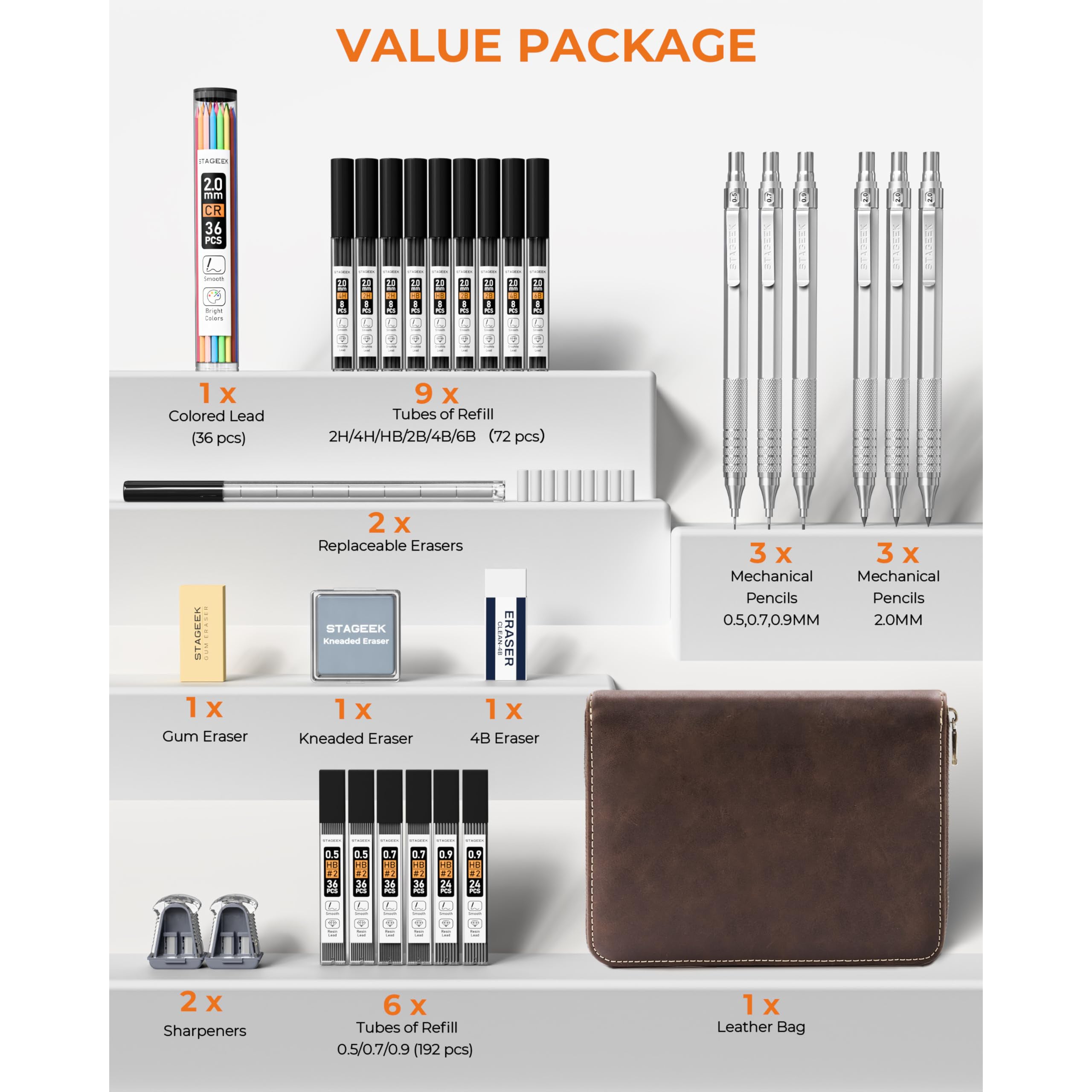 30PCS Black/Silver Metal Mechanical Pencil Set in Leather Case, 0.5/0.7/0.9/2.0mm Art Drafting Pencils with 16 Tubes Graphite Leads (6B 4B 2B HB 2H 4H) & Colored Refills for Sketching, Drawing, Writing