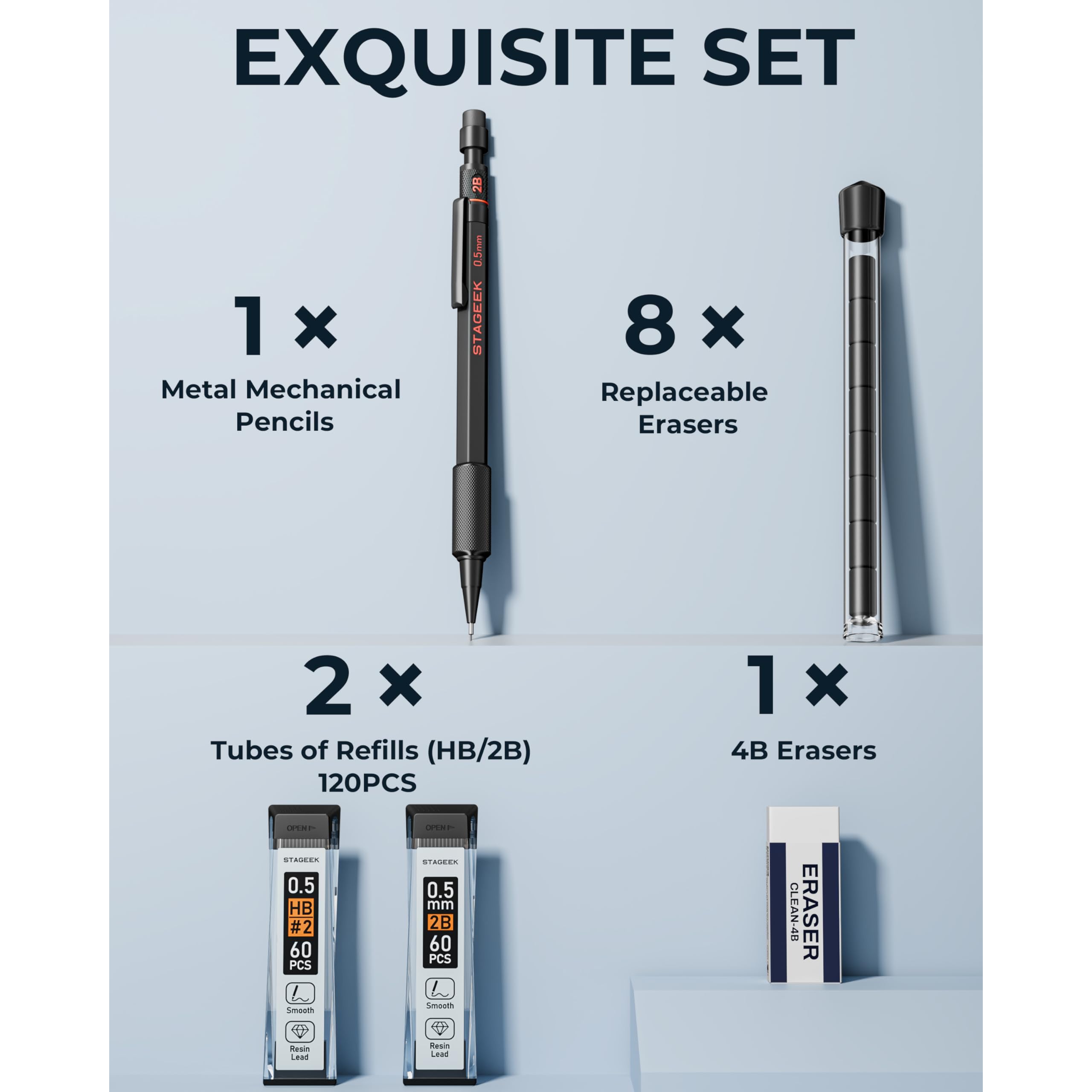 STAGEEK Mechanical Pencils 0.5 with Case, Metal Weatherproof Body Outdoor Artist Mechanical Pencil with 120 PCS HB & 2B Lead Refills, Eraser, for Writing Drafting Drawing and Sketching