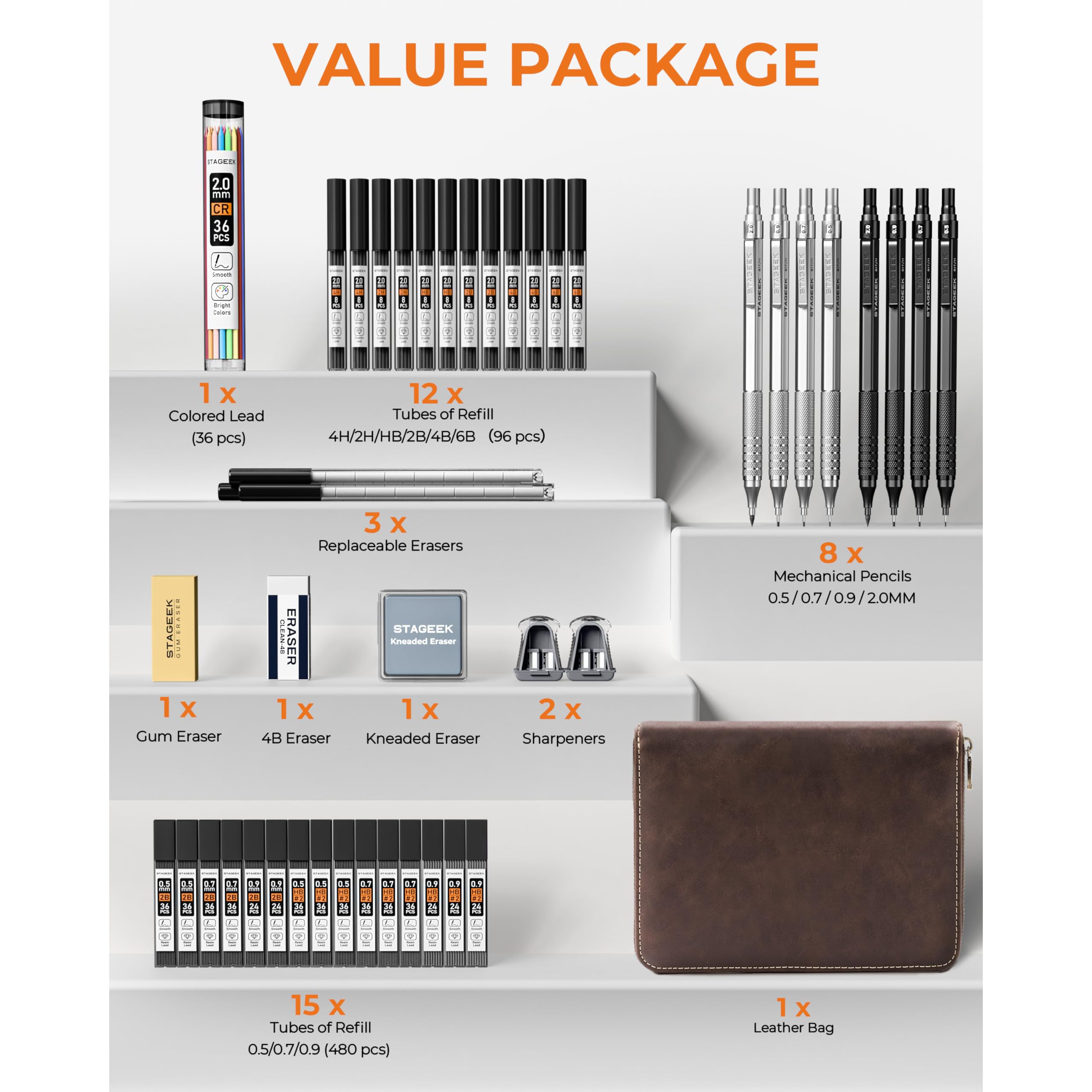 45PCS Black & Silver Metal Mechanical Pencil Set in Leather Case, 0.5, 0.7, 0.9, 2.0mm Drafting Pencils with 28 Tubes(6B 4B 2B HB 2H 4H & Colors)Lead Refills for Art Drawing, Sketching,Writing
