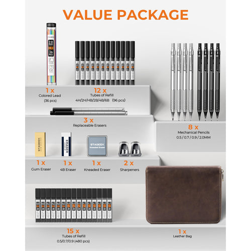 45PCS Black & Silver Metal Mechanical Pencil Set in Leather Case, 0.5, 0.7, 0.9, 2.0mm Drafting Pencils with 28 Tubes(6B 4B 2B HB 2H 4H & Colors)Lead Refills for Art Drawing, Sketching,Writing