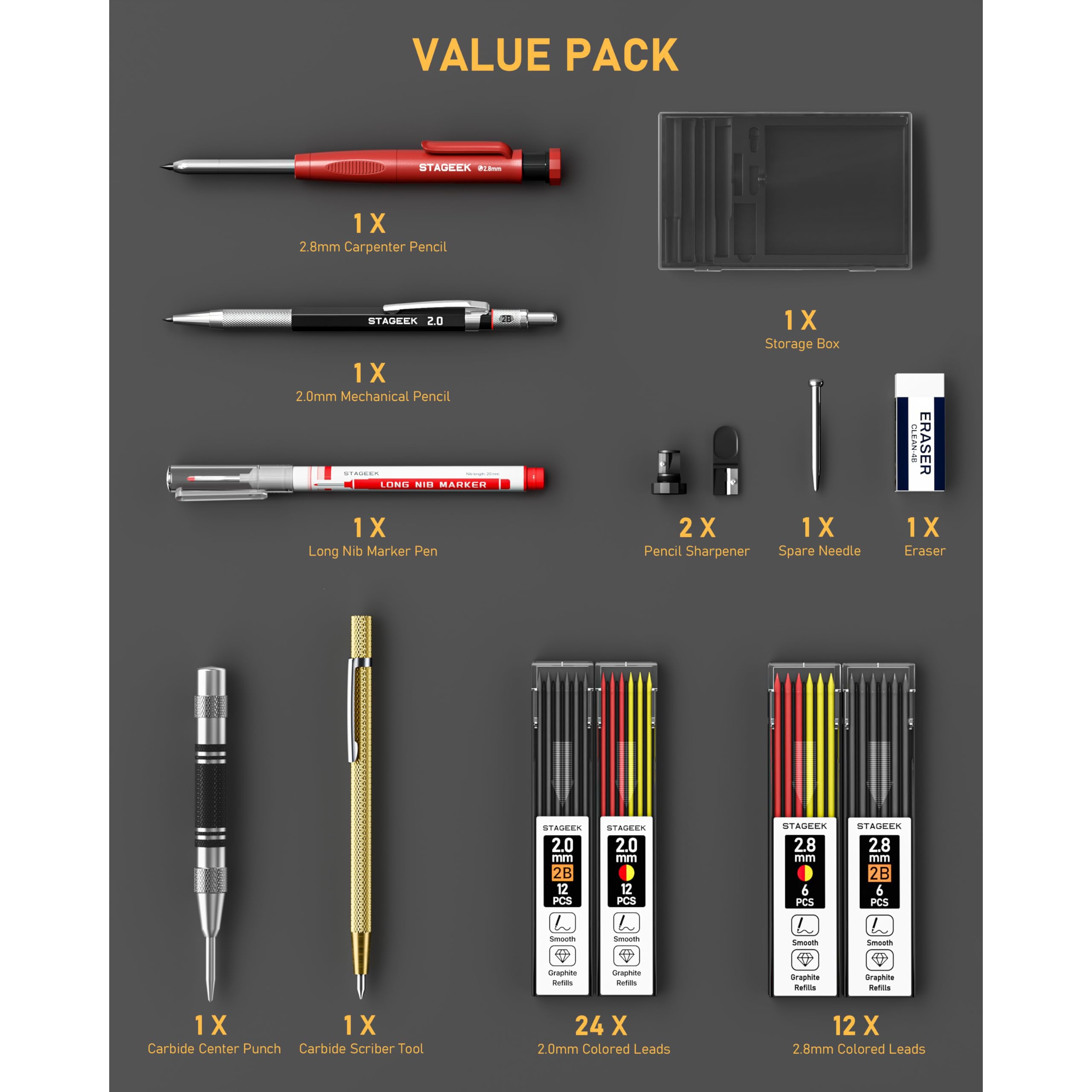 STAGEEK 14 Pack Carpenter Pencil Set with Sharpener | Construction Pencil Set with Deep Hole Long-Nib Markers , Woodworking Tool & Carpenter Pencils for Architect, DIY with Case