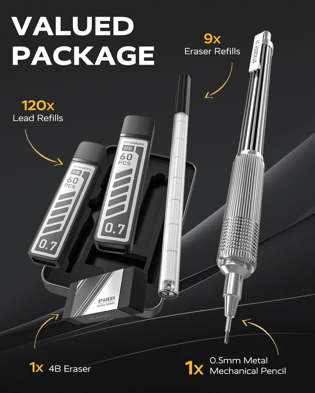 STAGEEK 0.5mm Mechanical Pencil with Metal Gift Case, 1PCs Metal Mechanical Pencil with 120PCS HB Lead Refills,4B Erasers and 9PCS Eraser Refills, for Writing Drafting Drawing and Sketching(Silver)