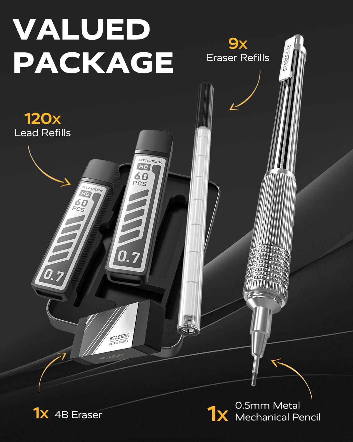 STAGEEK 0.5mm Mechanical Pencil with Metal Gift Case, 1PCs Metal Mechanical Pencil with 120PCS HB Lead Refills,4B Erasers and 9PCS Eraser Refills, for Writing Drafting Drawing and Sketching(Silver)