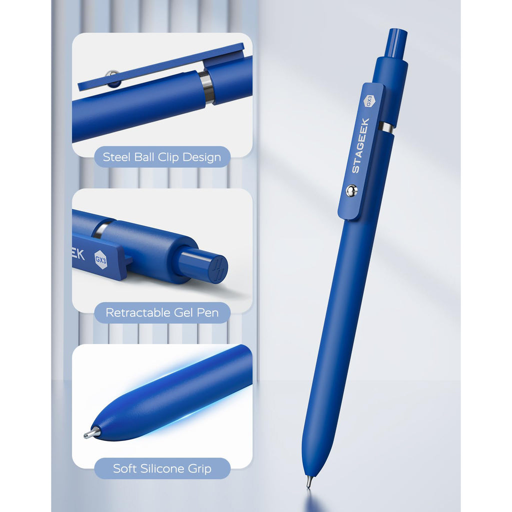 STAGEEK Blue Gel Pens GX3, 12Pcs Quick Dry Blue Ink Pens with 3 Extra Refills, Fine Point Retractable Smooth Writing Pens for Journaling, Office, Note Taking, Nurse Aesthetic