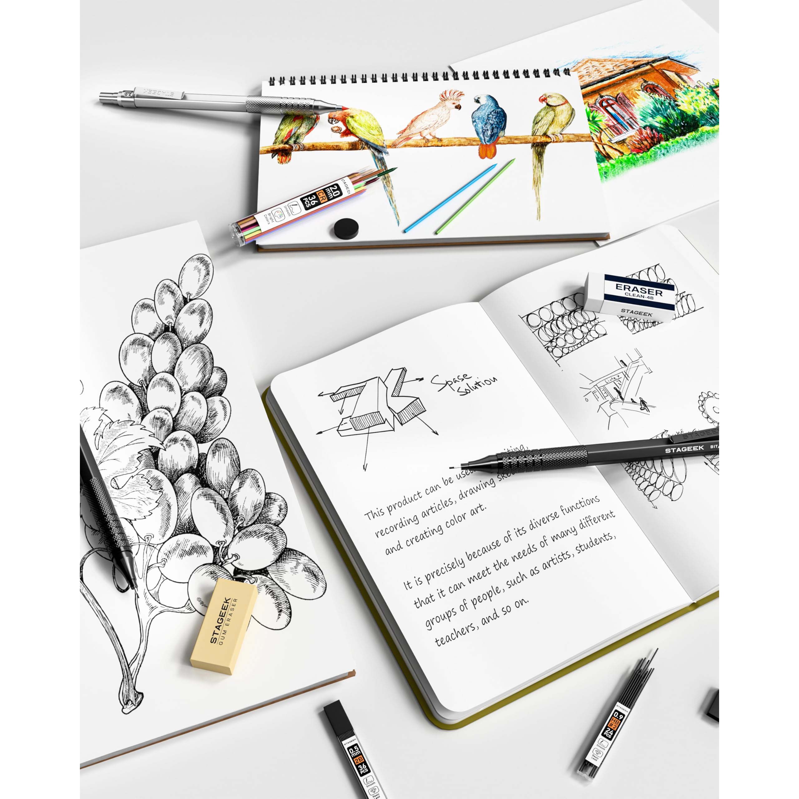 45PCS Black & Silver Metal Mechanical Pencil Set in Leather Case, 0.5, 0.7, 0.9, 2.0mm Drafting Pencils with 28 Tubes(6B 4B 2B HB 2H 4H & Colors)Lead Refills for Art Drawing, Sketching,Writing